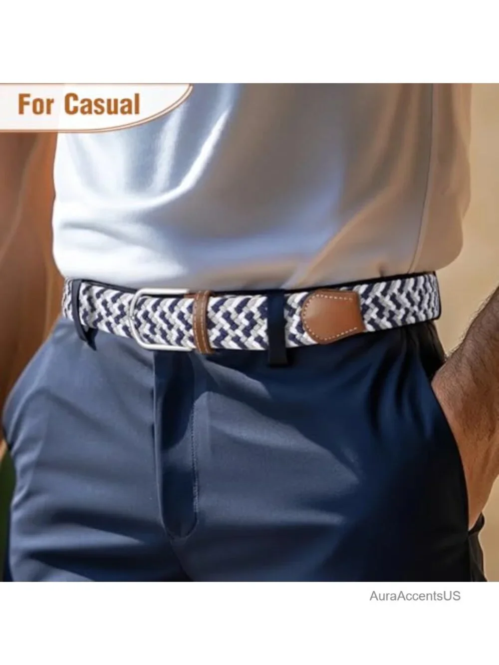 Mens Elastic Braided Stretch Belt With Zinc-Alloy Buckle